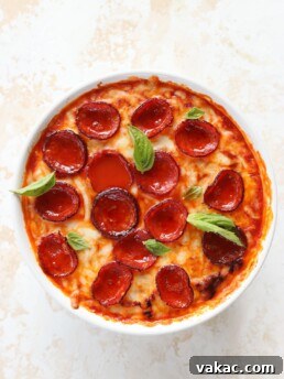 Quick Baked Cottage Cheese Pizza Bowl Dip in a white dish