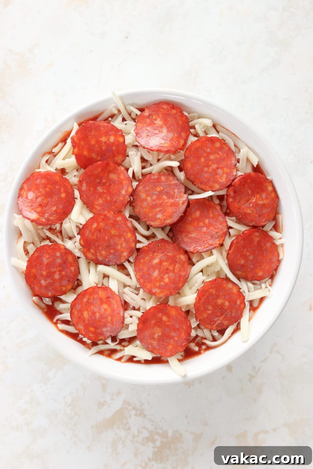 Speedy Cottage Cheese Pizza Dip Bake 6 Quick Baked Cottage Cheese Pizza Bowl Dip in a white dish before being baked
