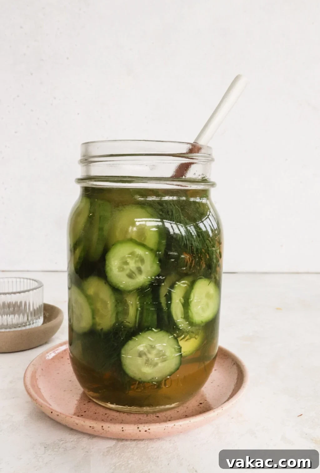 Zesty Apple Cider Vinegar Dill Pickles 6 Apple Cider Vinegar Cucumber Pickles with Dill in a pickle jar with a wood spoon