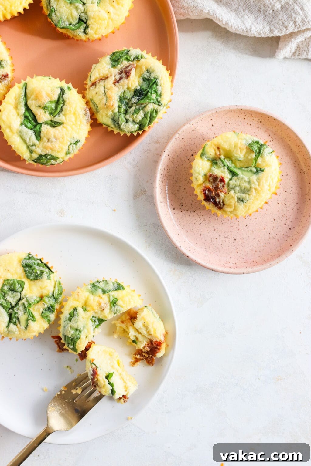 Savory Spinach, Cottage Cheese, and Sun-Dried Tomato Egg Bites 2 Delicious Egg Bites with Cottage Cheese, Spinach & Sun-dried Tomatoes served on elegant pink and white plates