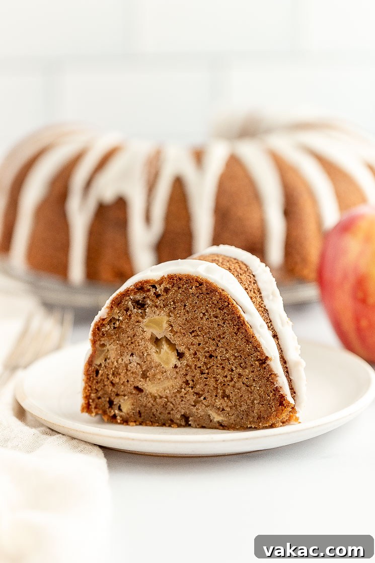 A perfectly sliced piece of apple cake, showcasing its moist crumb and visible apple chunks, resting invitingly on a simple white plate.