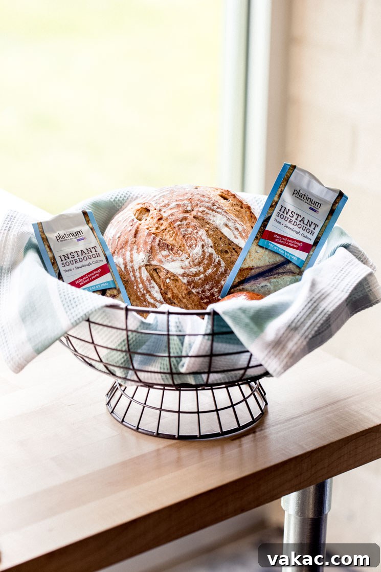 Sourdough Stars with Red Star 8 A rustic loaf of sourdough bread displayed with Red Star Platinum Instant Sourdough Yeast packets.