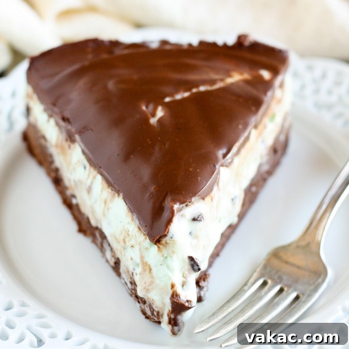 Mint Chocolate Chip Ice Cream Brownie Pie A slice of Mint Chocolate Chip Ice Cream Brownie Pie, featuring a dark brownie crust topped with green ice cream and chocolate chips.