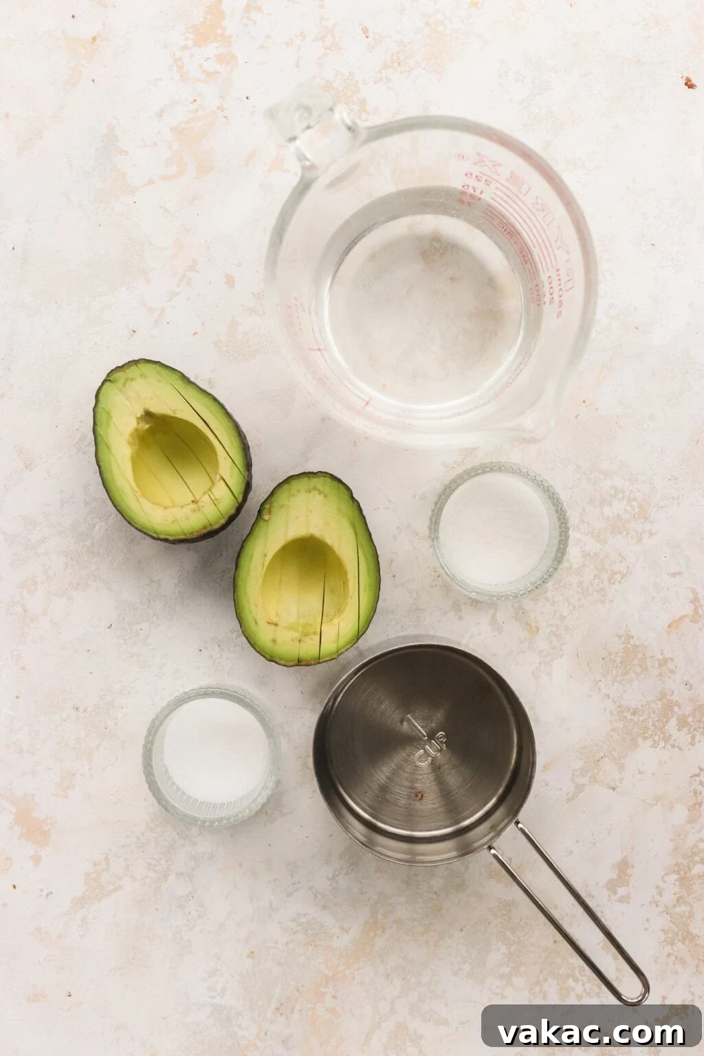 Rapid Tangy Avocados from the Jar 3 Essential ingredients for quick pickled avocados laid out: ripe avocados, white vinegar, warm water, salt, and sugar
