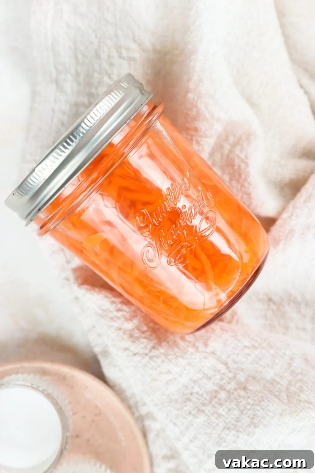 Flash Pickled Shredded Carrots 2 Quick pickled shredded carrots in a glass jar