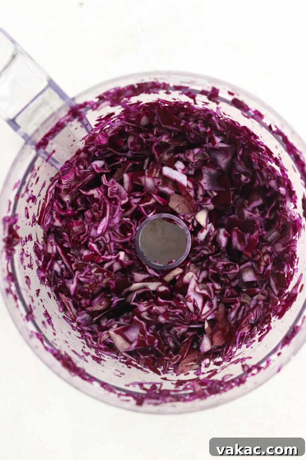 Quick Pickled Red Cabbage Made Easy 4 Shredded red cabbage in a food processor, ready for pickling