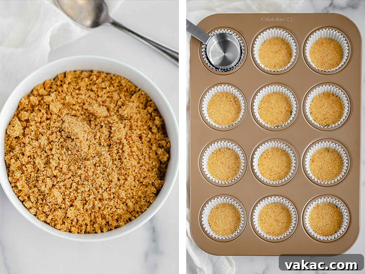 Bite Sized Cheesecake Delights 3 A collage image of the graham cracker crust mixed up in a bowl and pressed into a muffin pan.