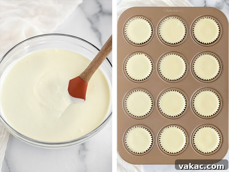 Bite Sized Cheesecake Delights 4 A collage image of the cheesecake filling in a bowl and baked in a muffin pan.