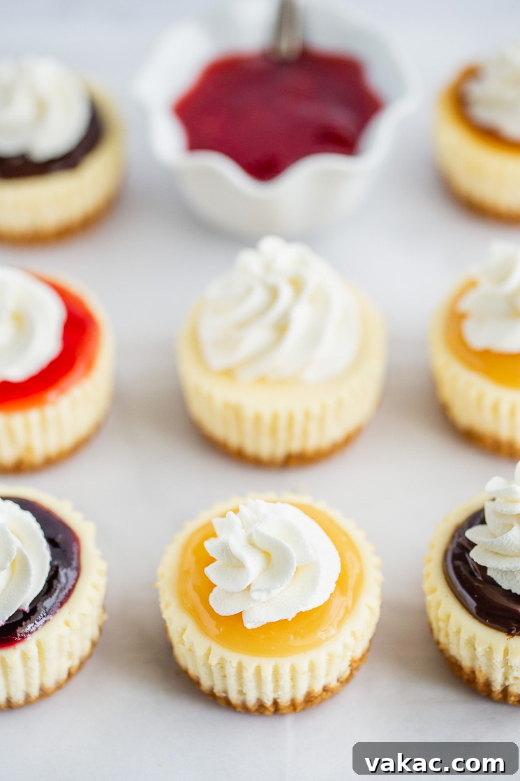 Bite Sized Cheesecake Delights 6 A piece of parchment paper lined with mini cheesecakes topped with different toppings and whipped cream.