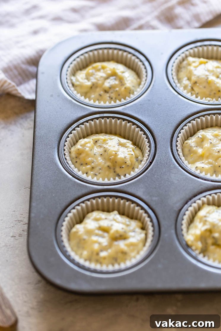 Zesty Lemon Poppy Seed Muffins 4 A standard muffin pan lined with paper cupcake liners, each filled generously with golden lemon poppy seed muffin batter, ready for baking.