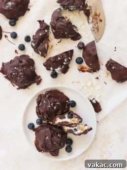 Effortless High-Protein Frozen Greek Yogurt Blueberry Bites 11 A counter scattered with Frozen Blueberry Greek Yogurt Clusters with some loose blueberries and a white plate with two clusters on it