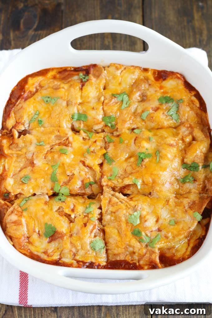 Fiesta Chicken Enchilada Bake 2 Overhead view of chicken enchilada casserole in a white baking dish, freshly baked and bubbling.