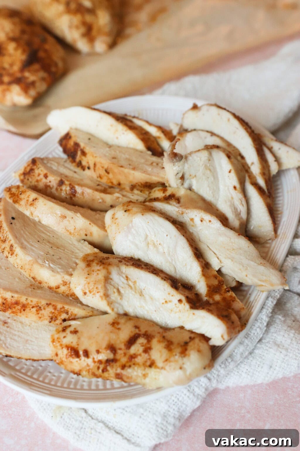 Succulent Oven Baked Thin Chicken Breast 2 Cooked and sliced seasoned chicken breasts on a white serving dish with a white dish towel on the side