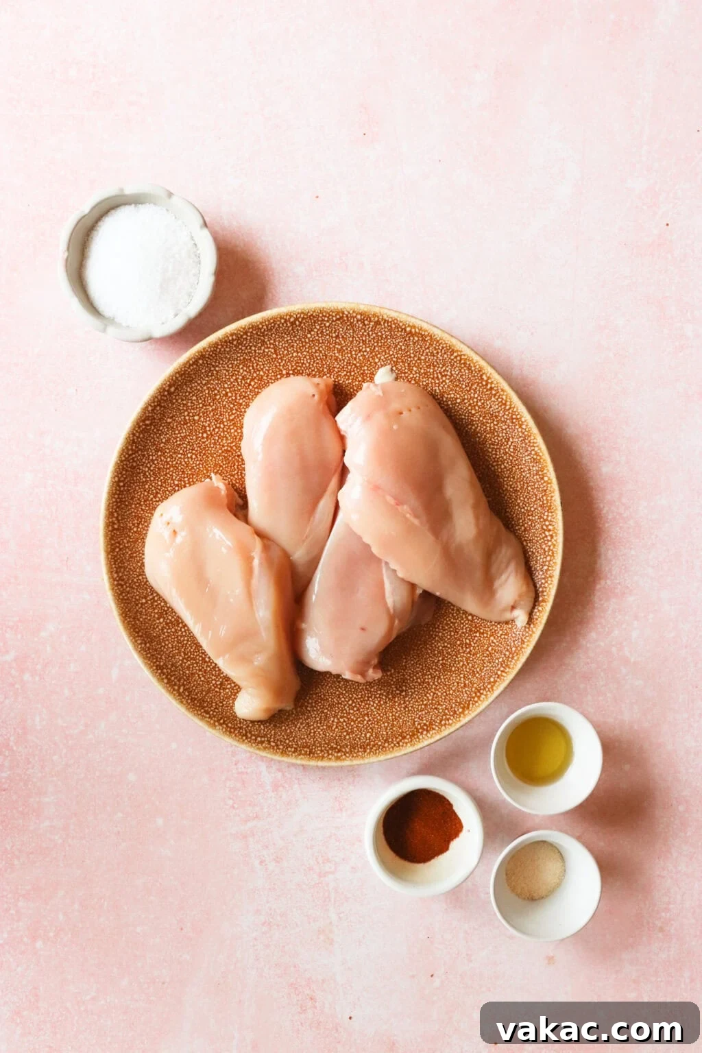 Succulent Oven Baked Thin Chicken Breast 3 Ingredients for Juicy Thin Cut Chicken Breast, including chicken breasts, salt, pepper, paprika, garlic powder, and avocado oil.