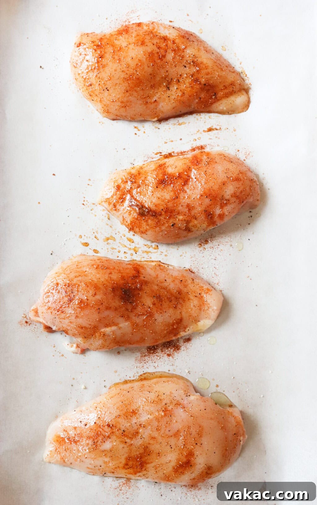 Succulent Oven Baked Thin Chicken Breast 5 Four uncooked seasoned chicken breasts on a baking sheet with parchment paper