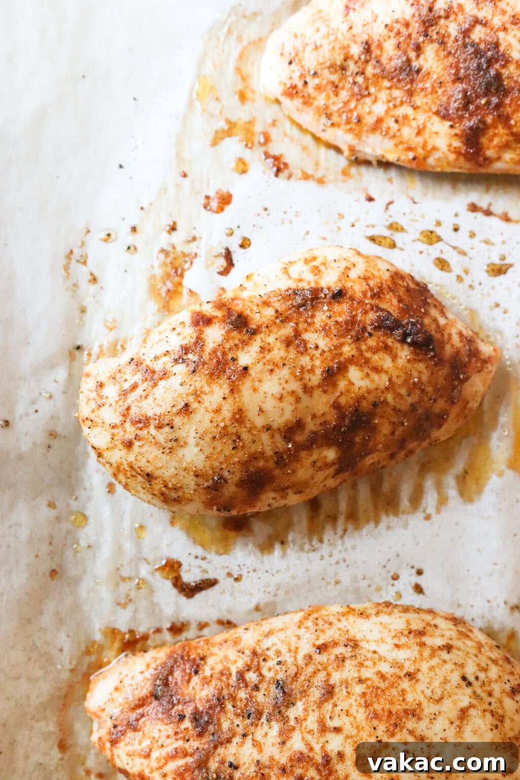 Succulent Oven Baked Thin Chicken Breast 6 Close up shot of cooked seasoned chicken breasts on a baking sheet with parchment paper