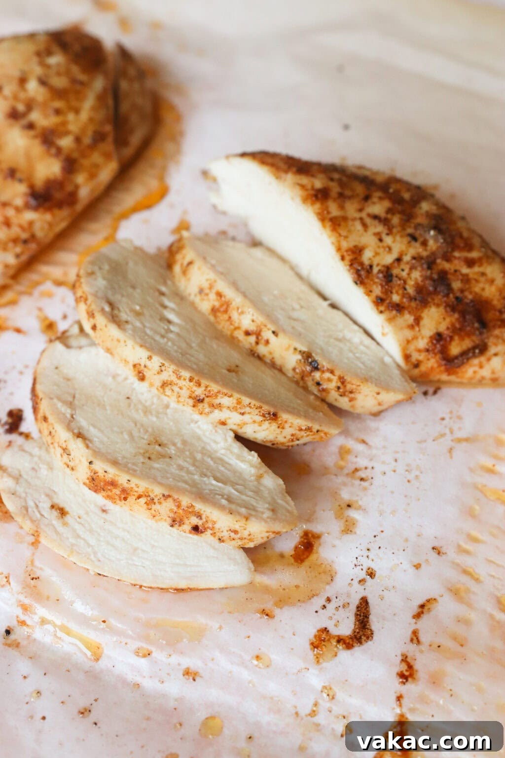 Succulent Oven Baked Thin Chicken Breast 7 Close up shot of a cooked and sliced seasoned chicken breasts on a baking sheet with parchment paper