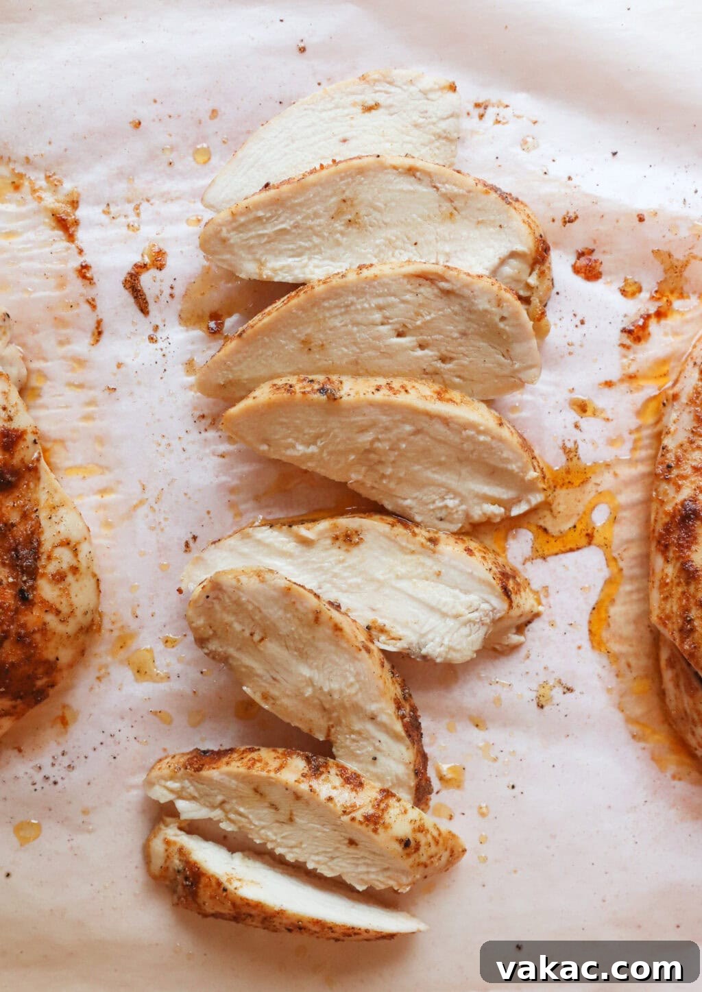 Succulent Oven Baked Thin Chicken Breast 8 Cooked and sliced seasoned chicken breasts on a baking sheet with parchment paper
