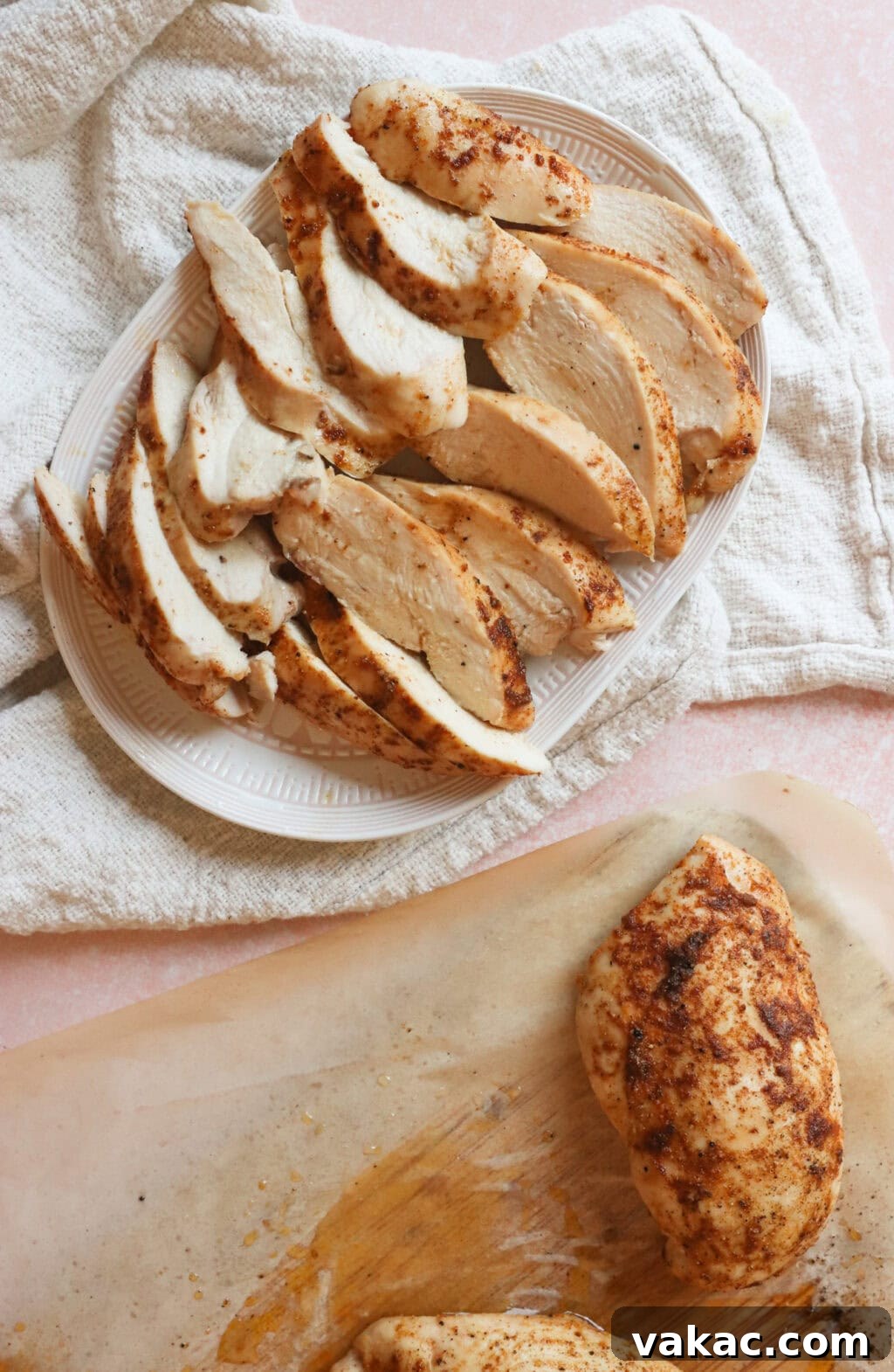 Succulent Oven Baked Thin Chicken Breast 9 Cooked and sliced seasoned chicken breasts on a white serving dish with a white dish towel on the side