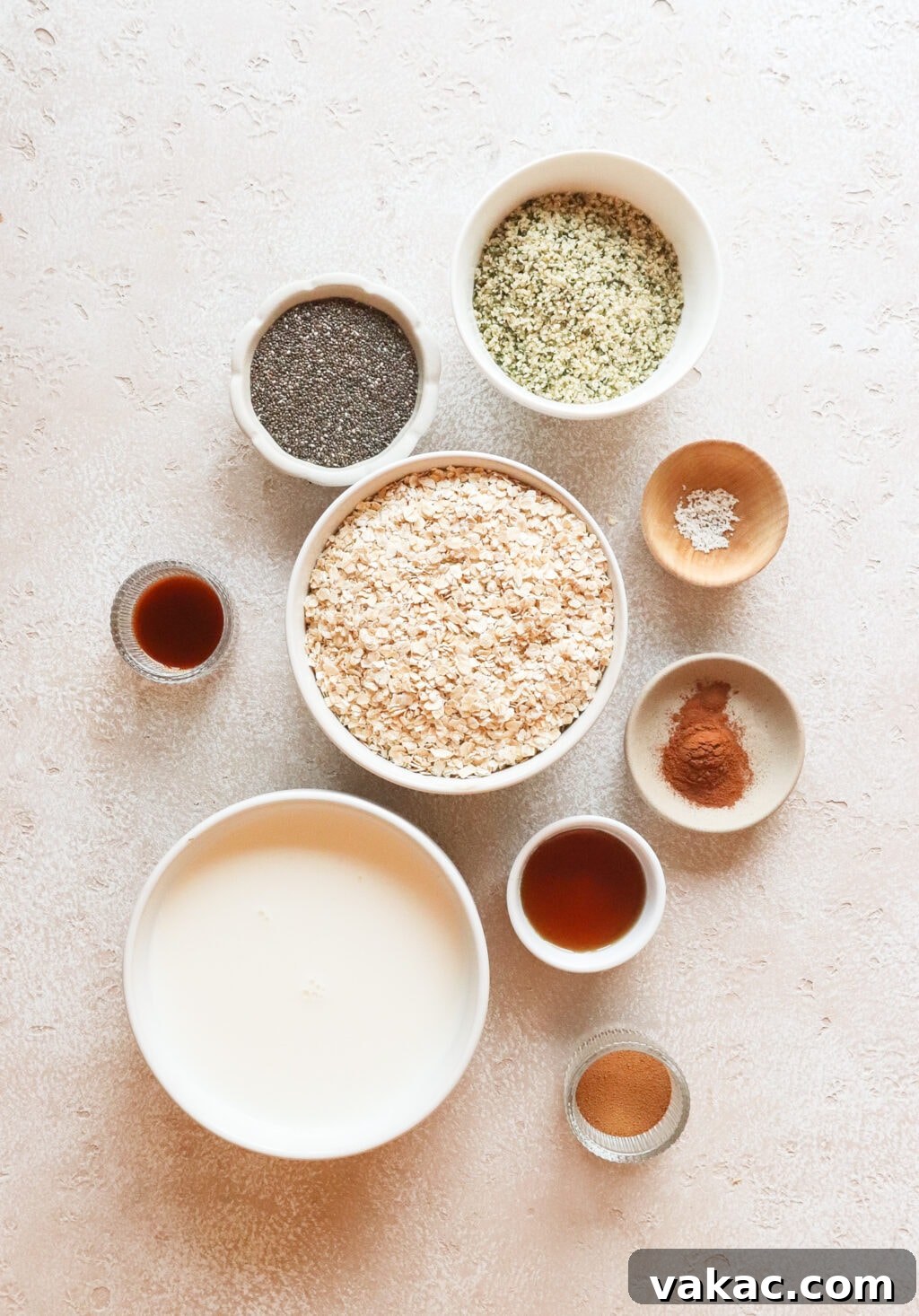 Effortless Tiramisu Overnight Oats with Greek Yogurt 3 All the ingredients for Tiramisu Overnight Oats laid out in small containers before preparation.