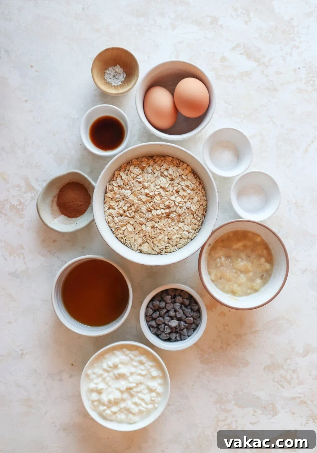 Protein-Packed Banana Cottage Cheese Morning Muffins 3 all the ingredients for the cottage cheese chocolate chip muffins in small bowls