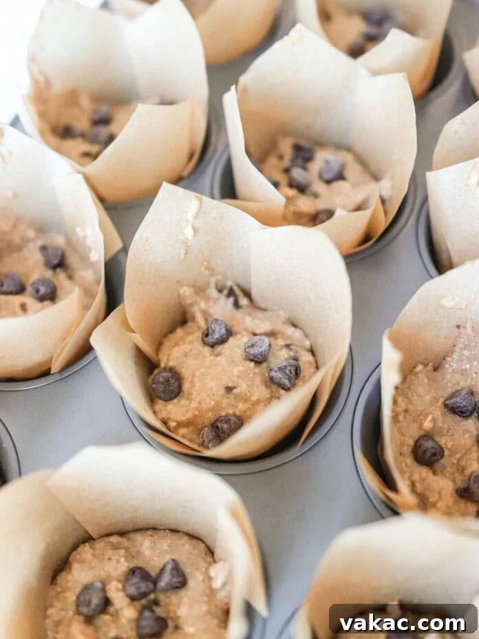 Protein-Packed Banana Cottage Cheese Morning Muffins 6 cottage cheese chocolate chip muffins in the tray before being baked