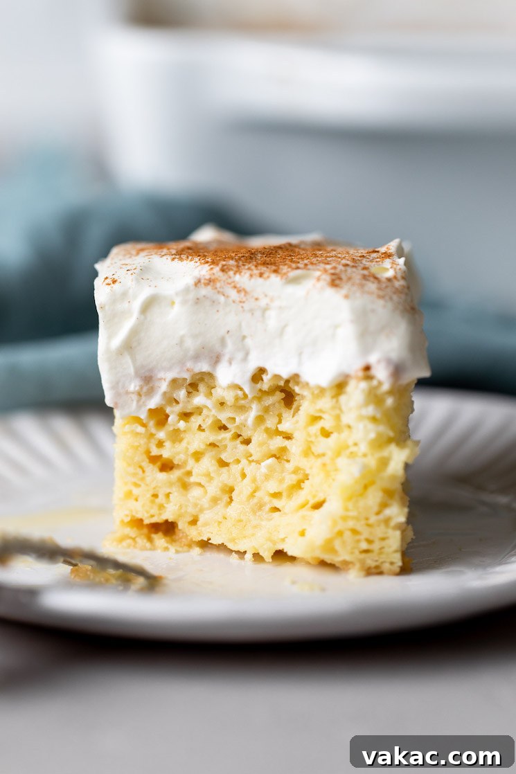 A captivating side view of a moist slice of tres leches cake on a white plate, showcasing its layers and creamy topping, with a textured blue towel in the background.