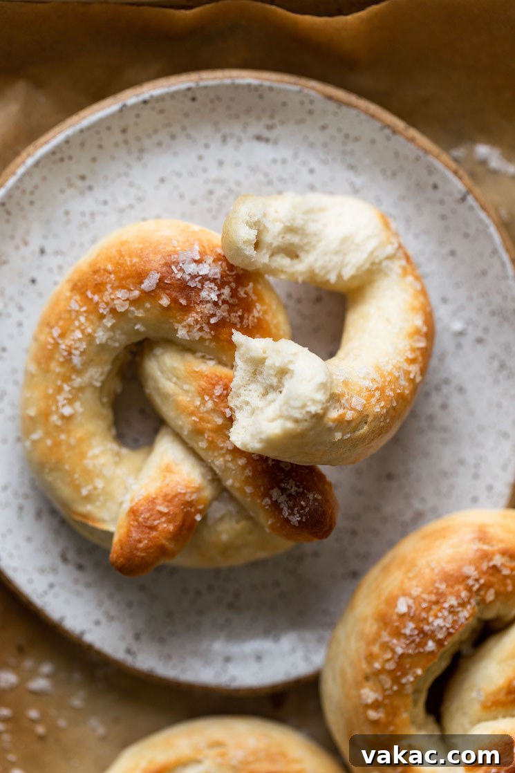 Bakery-Style Soft Pretzels 3 A single homemade soft pretzel on a speckled white plate, with a piece gently torn off to reveal its soft, fluffy interior.