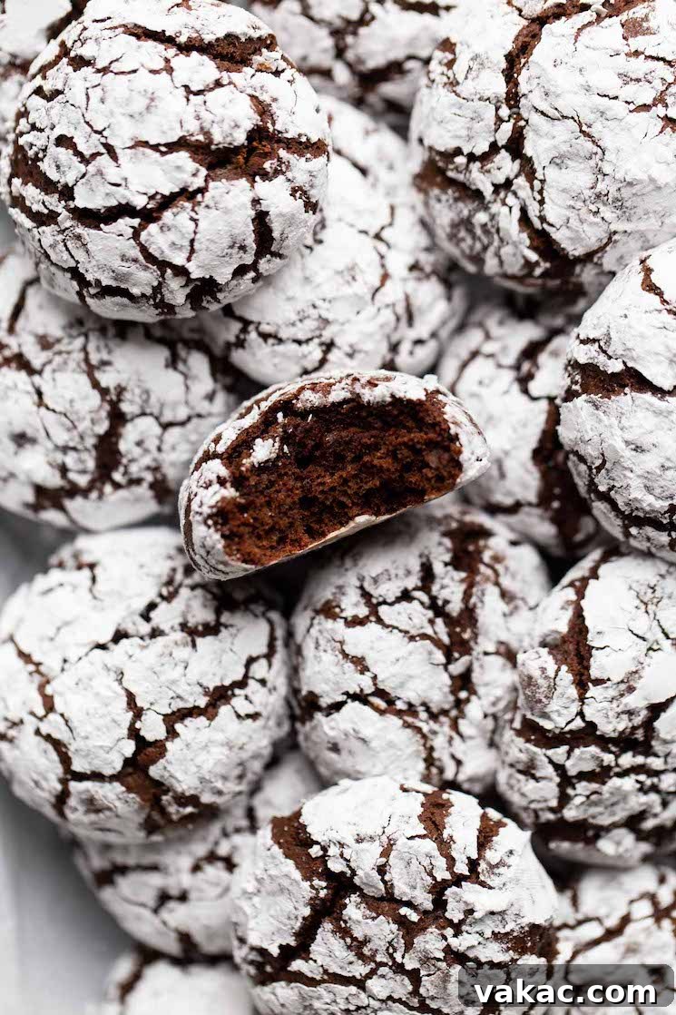 A beautiful stack of freshly baked chocolate crinkle cookies, dusted generously with powdered sugar. The top cookie has a bite taken out, showcasing its soft, dark chocolate interior.