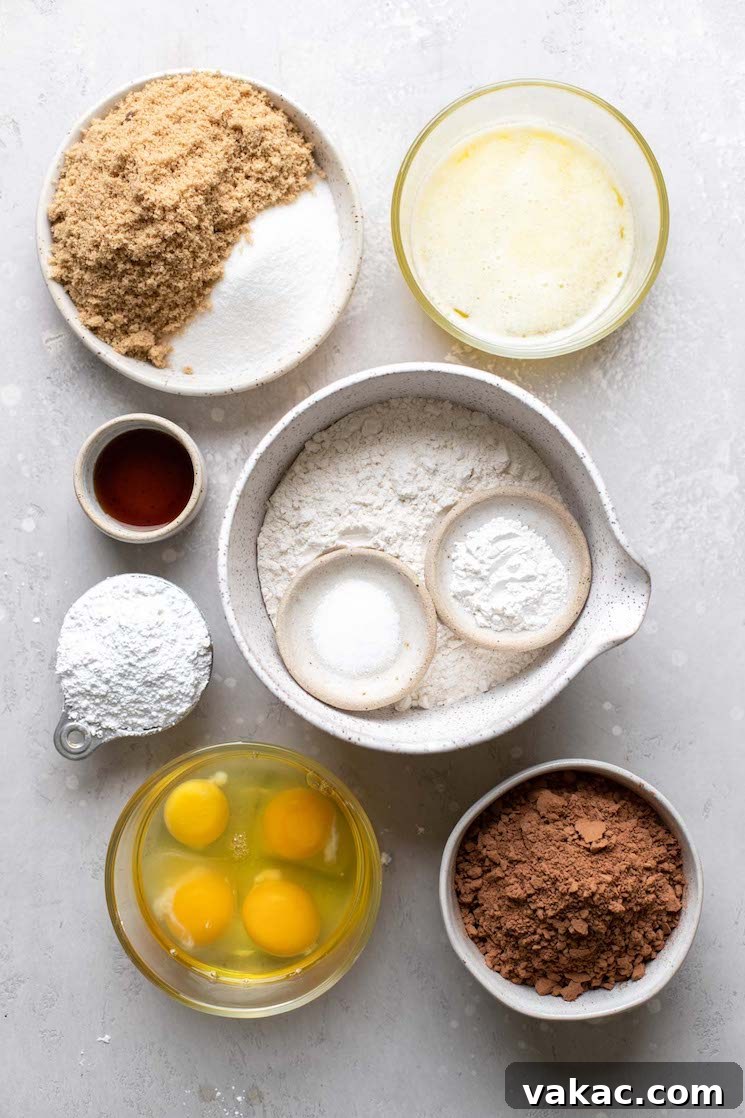 A rustic gray surface displays the essential ingredients for chocolate crinkle cookies, neatly arranged in bowls. Flour, cocoa powder, sugars, and butter are ready for mixing.