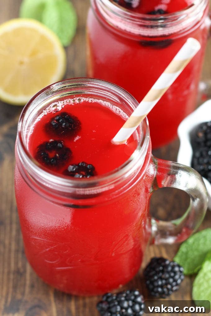 Midnight Bramble Quencher 2 Vibrant Homemade Blackberry Lemonade in a Glass with Fresh Berries