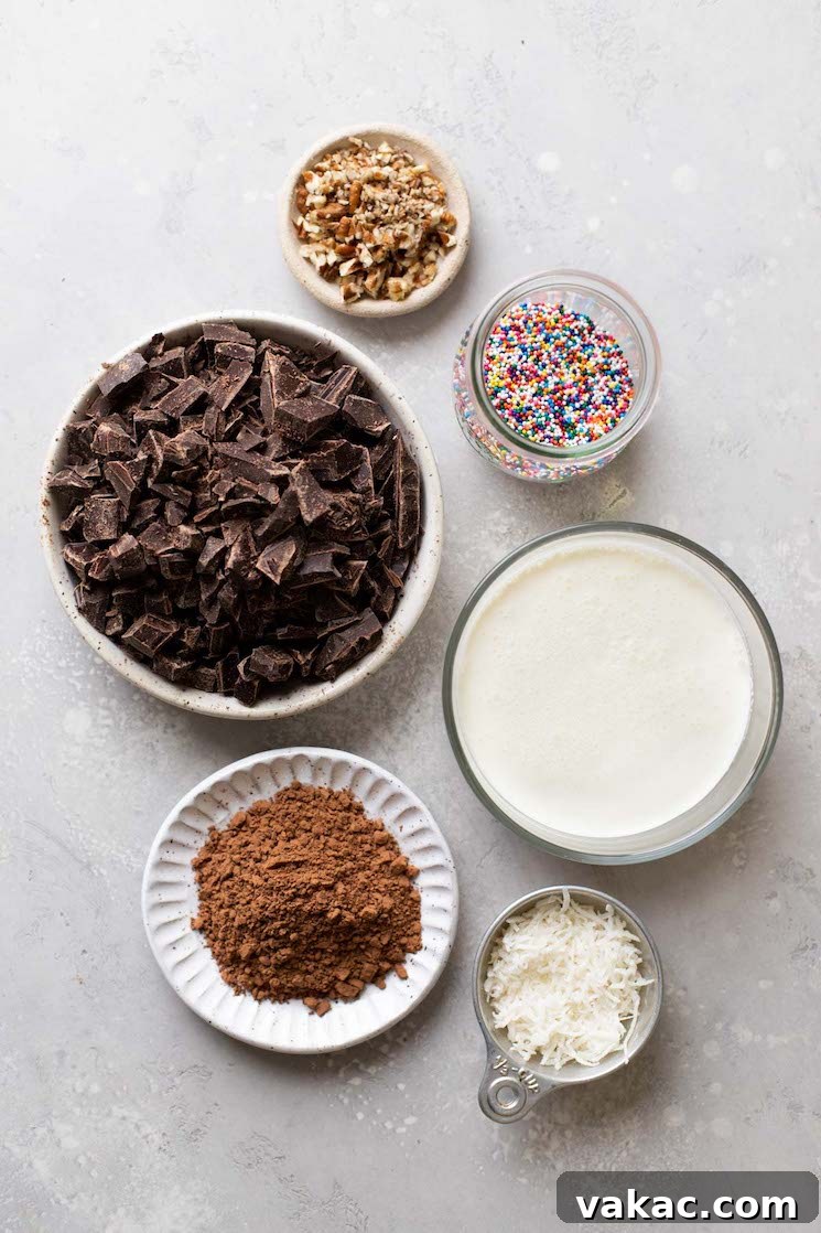 Melt-in-Your-Mouth Truffles 3 Overhead view of the ingredients needed to make the best chocolate truffles.