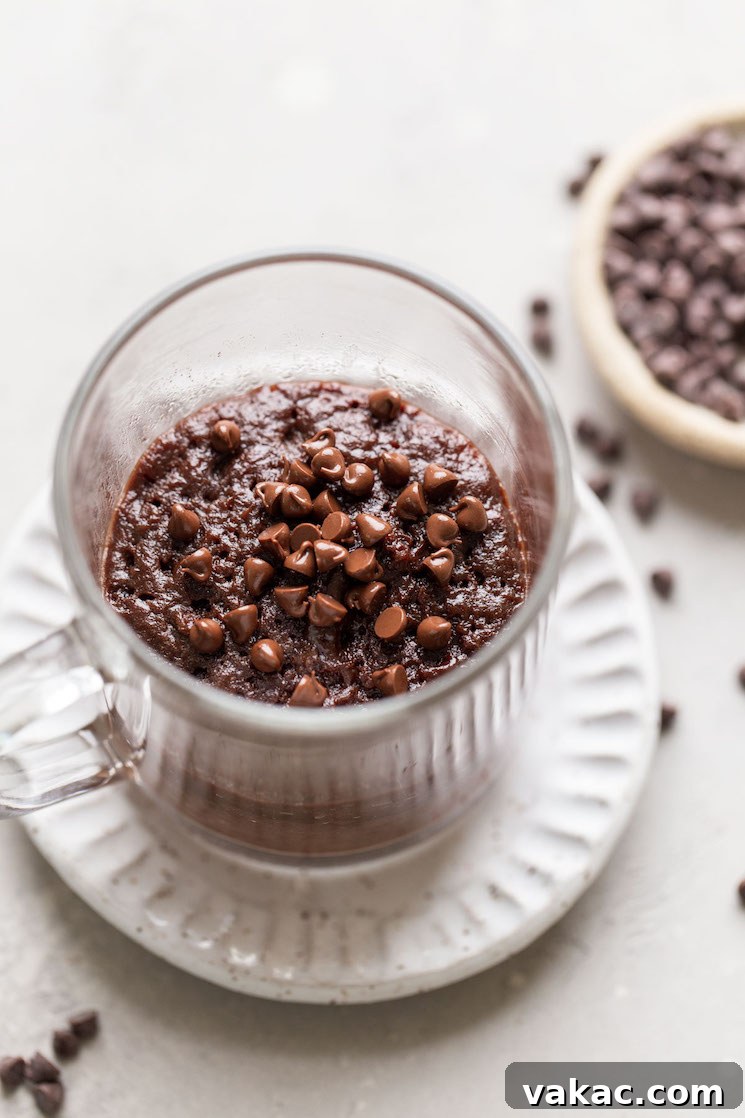 Microwaveable Mug Brownie Bliss 2 Overhead view of a microwave mug brownie in a glass mug. The mug sits on a white dessert plate, and a dish of mini chocolate chips rests on the side.