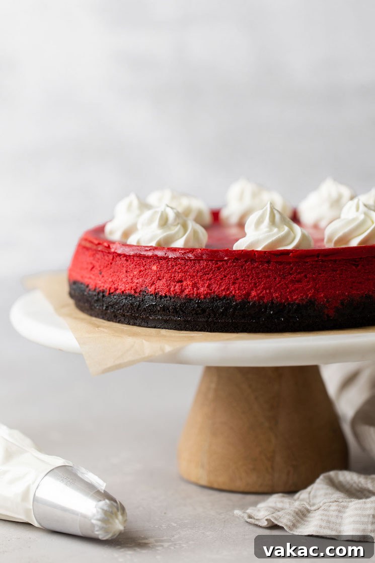 Crimson Dream Cheesecake 2 Side view of a red velvet cheesecake topped with whipped cream on a cake stand. A piping bag rests on the side.