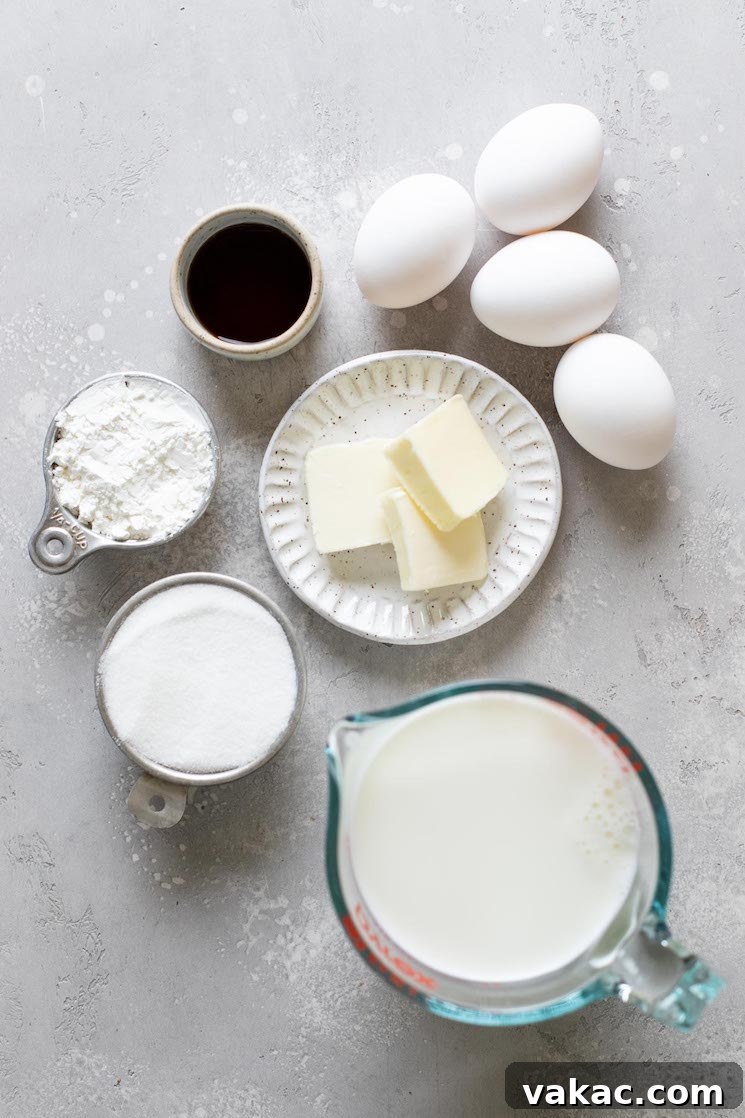 Overhead view of the ingredients needed to make pastry cream filling.