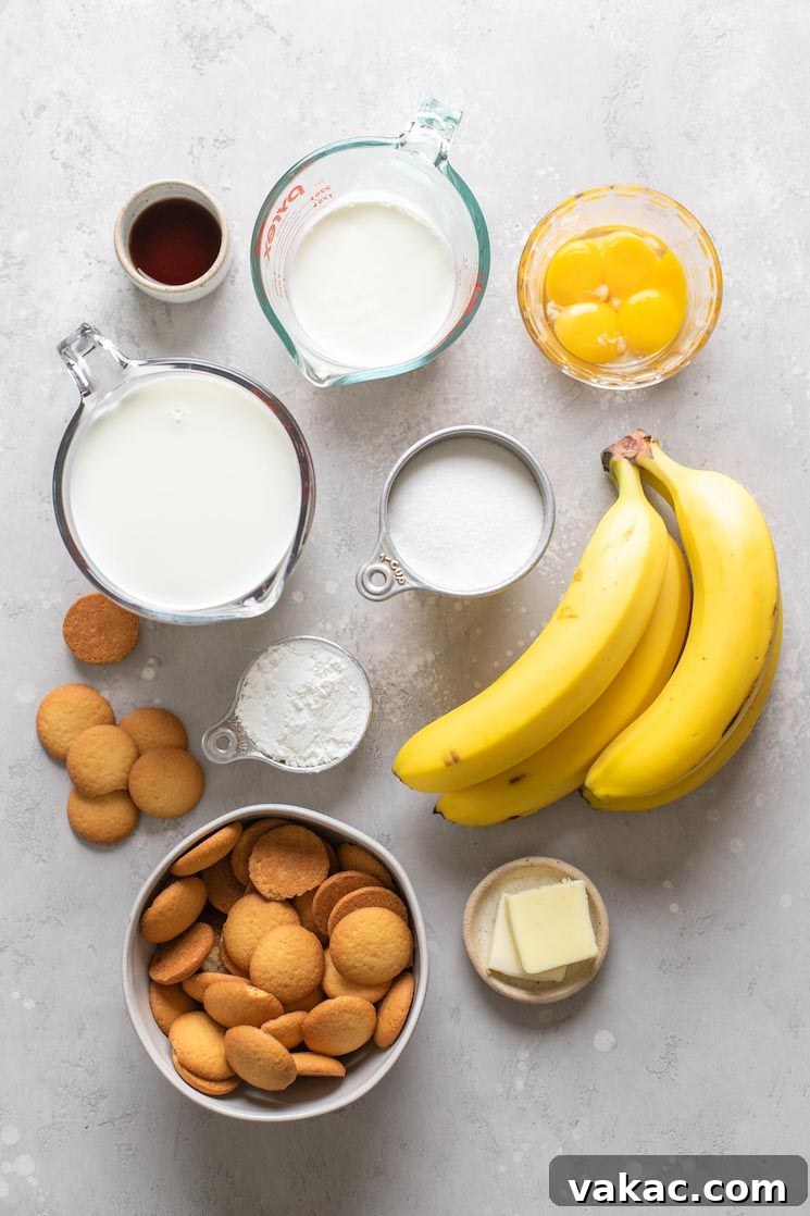 Southern Banana Dream 3 Overhead view of the ingredients needed to make homemade banana pudding.