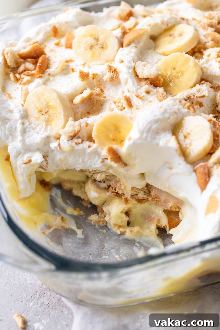 Southern Banana Dream 7 A close up view of a Nilla Wafer banana pudding in a glass dish. A generous serving has been scooped out of the dish.