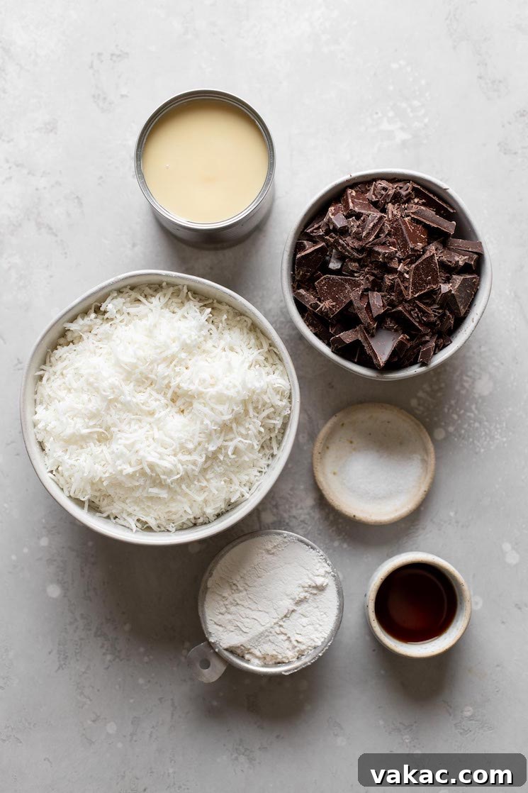 Chewy Toasted Coconut Macaroons 3 Overhead view of the ingredients needed to make coconut macaroons with sweetened condensed milk.