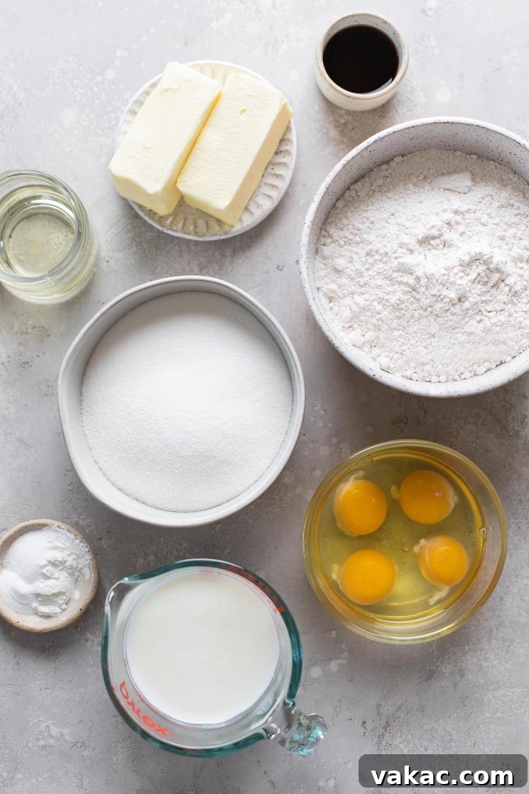 An overhead view showcasing all the essential ingredients meticulously laid out on a clean surface, perfectly organized and ready for baking this delightful homemade vanilla cake and its accompanying rich vanilla frosting.