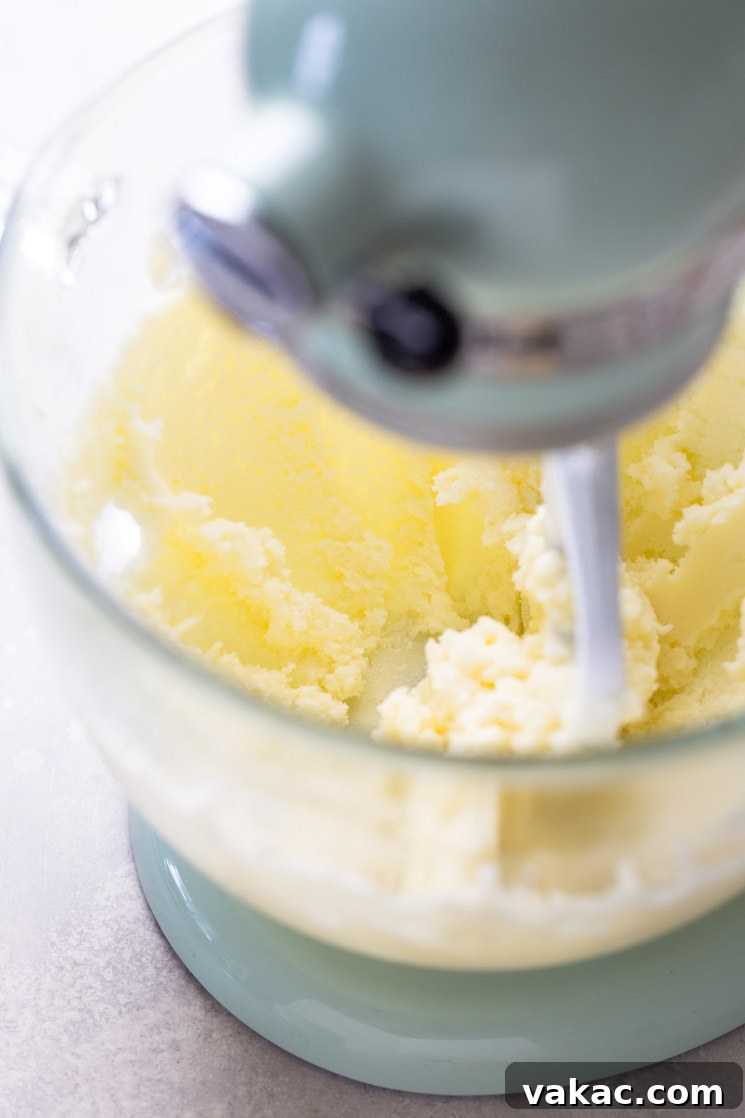 A close-up process shot showing softened unsalted butter and granulated sugar being meticulously creamed together in the bowl of a stand mixer until the mixture is visibly light, fluffy, and airy.