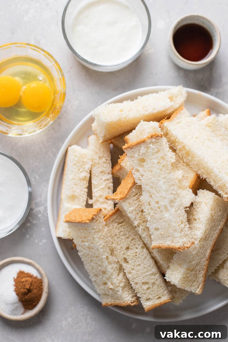 Overhead view of the ingredients needed to make cinnamon french toast sticks.