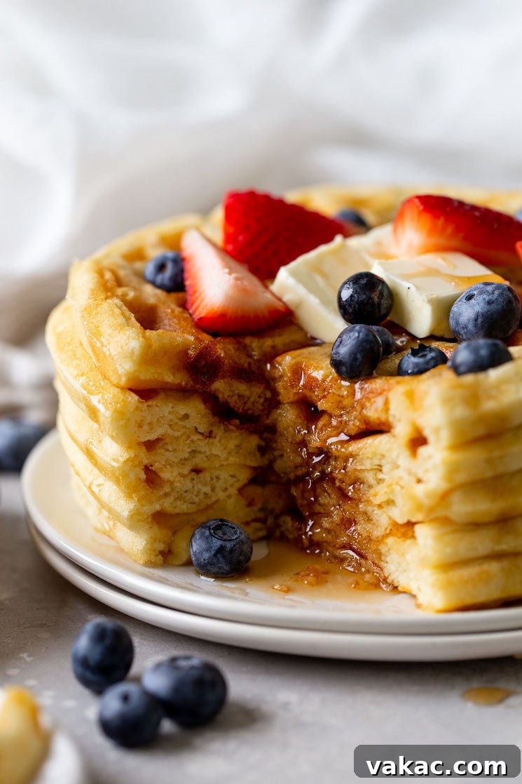 Perfect Fluffy Waffles 2 A stack of four fluffy waffles from scratch, topped with fresh fruit, butter, and syrup. A big bite is missing from the stack.