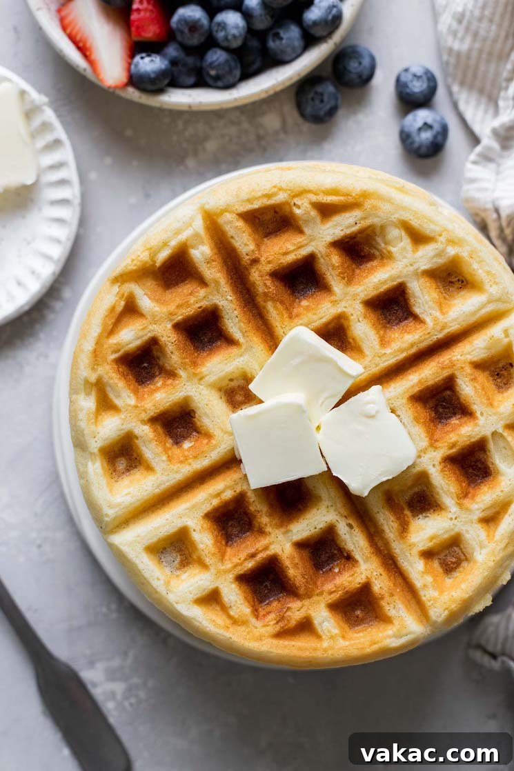 Perfect Fluffy Waffles 5 An overhead view of a waffle topped with three pats of butter. A dish of fresh berries rests on the side.