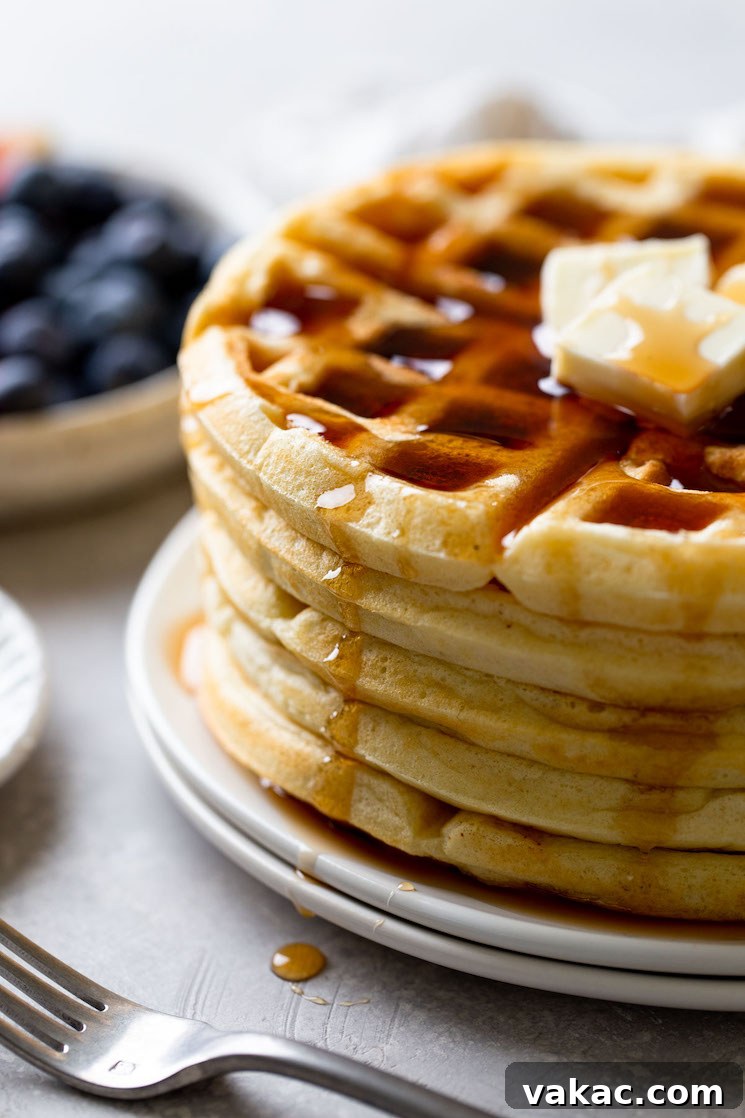 Perfect Fluffy Waffles 6 A side view of a stack of fluffy waffles topped with butter and syrup. A bowl of fresh berries rests in the background.