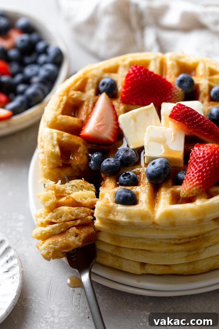 Perfect Fluffy Waffles 7 A tall stack of waffles topped with berries, butter, and syrup. A fork rests on the plate as well, speared with a big bite of waffle.