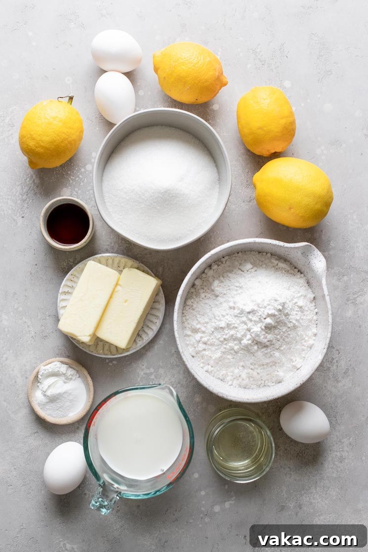 Sunshine Lemon Delight 3 An overhead view of the ingredients needed to make a lemon cake from scratch.