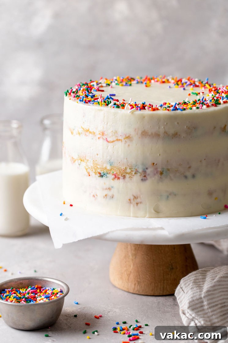 Rainbow Sprinkle Delight 2 A homemade funfetti cake on a cake stand. Two glass bottles of milk are in the background and a dish of sprinkles is in the foreground.
