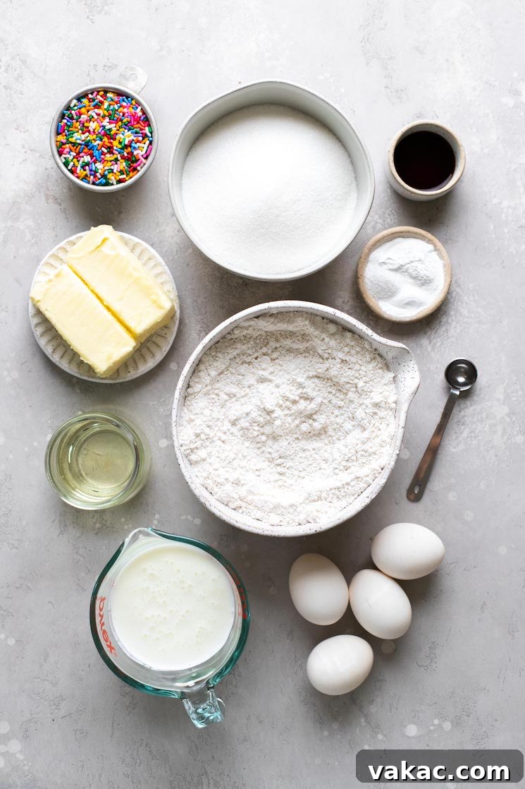 Rainbow Sprinkle Delight 3 An overhead view of the ingredients needed to make funfetti cake from scratch.