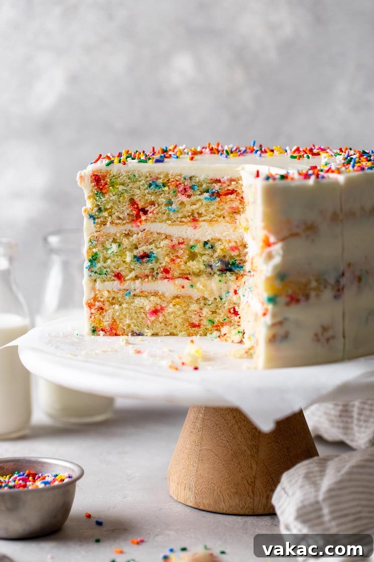 Rainbow Sprinkle Delight 7 A funfetti birthday cake that's been sliced on a cake stand.