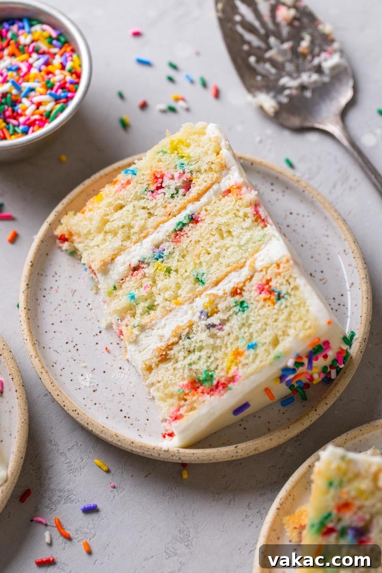Rainbow Sprinkle Delight 8 A slice of funfetti layer cake on a speckled white plate.